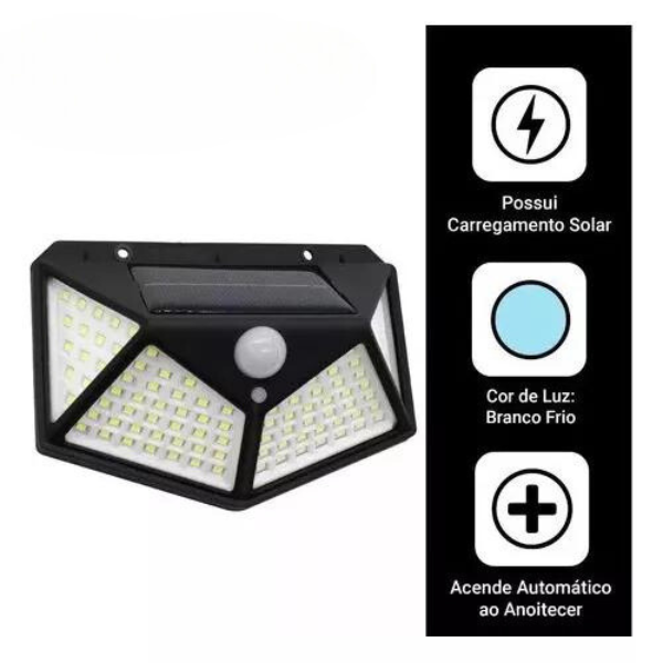 Kit com 3 Luminária Parede Solar 100 Leds Bateria Luz Jardim