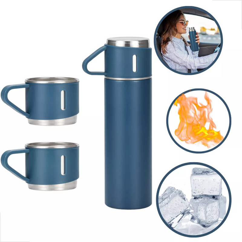Kit Garrafa Térmica 500ml + 3 Xícaras Aço Inoxidável Azul