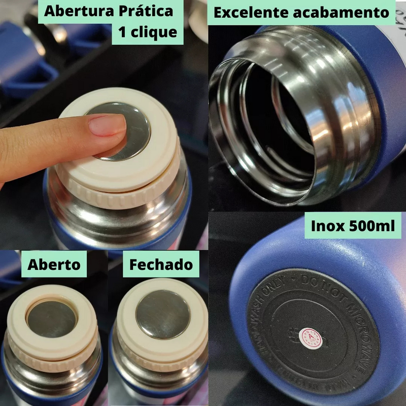 Kit Garrafa Térmica 500ml + 3 Xícaras Aço Inoxidável Azul