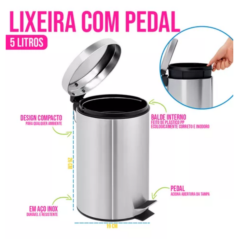 Kit Lixeira Inox 5L + Escova Sanitária
