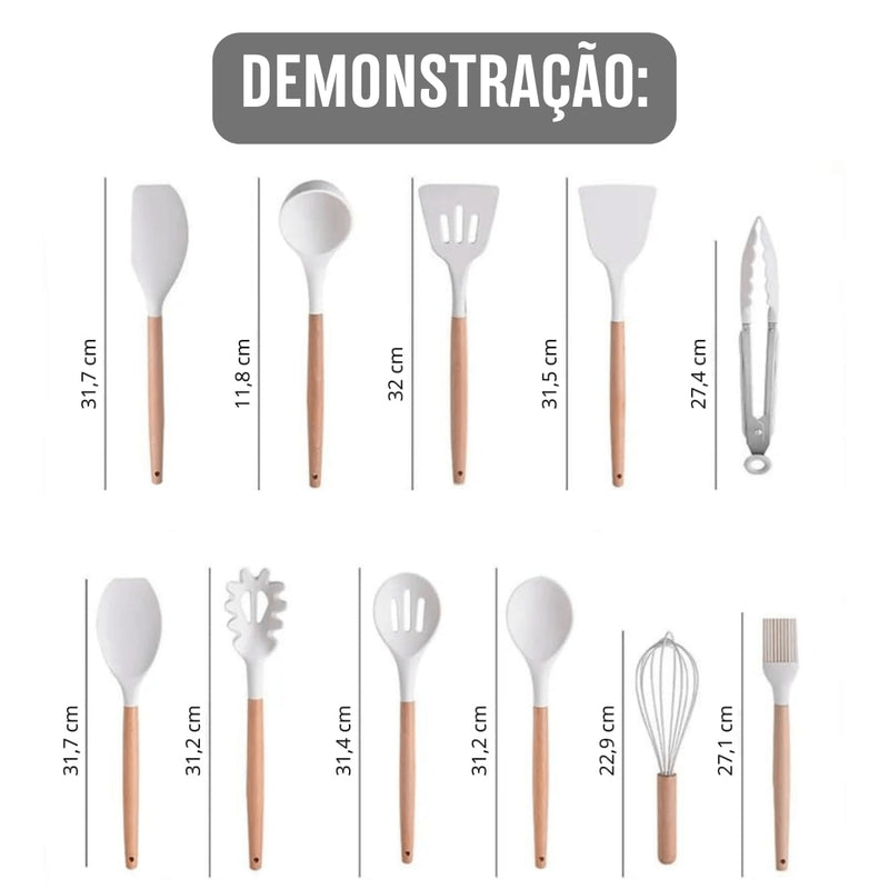 Conjunto de Utensílios de Cozinha 19 Peças com Cabo de Madeira