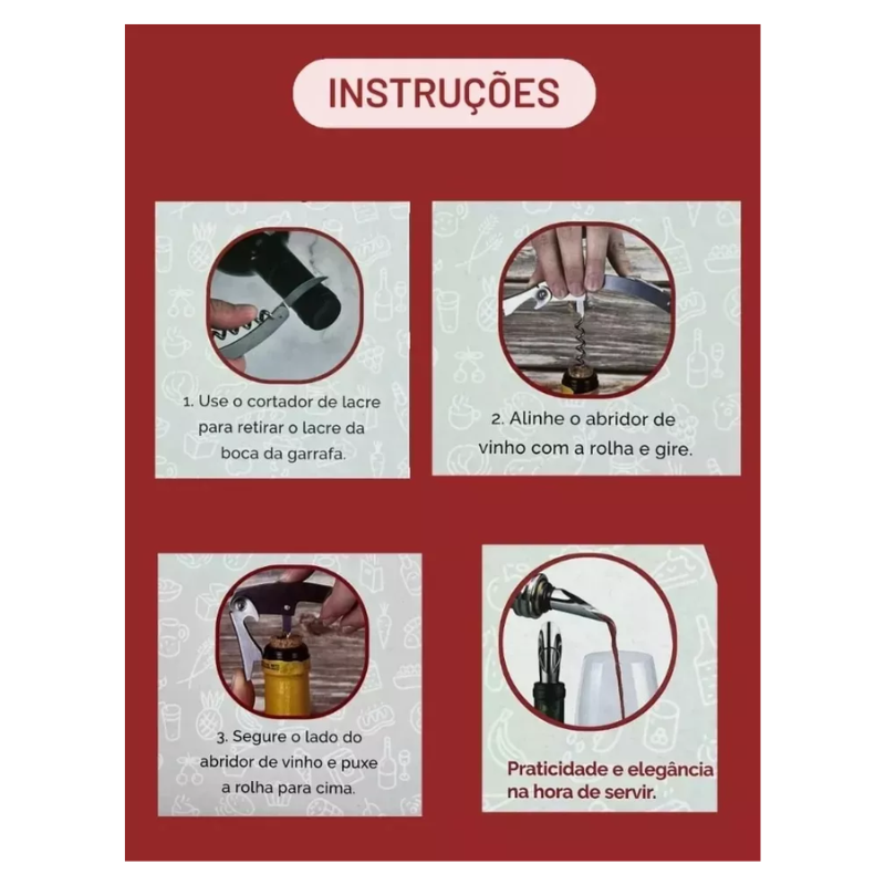 Kit Acessórios P/ Vinho em Garrafa 3 Peças Saca Rolhas Abridor